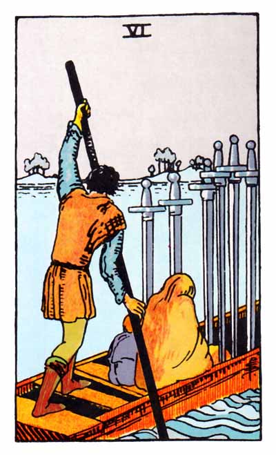 Image of The Six Of Swords Of The Venetian Carnival Tarot